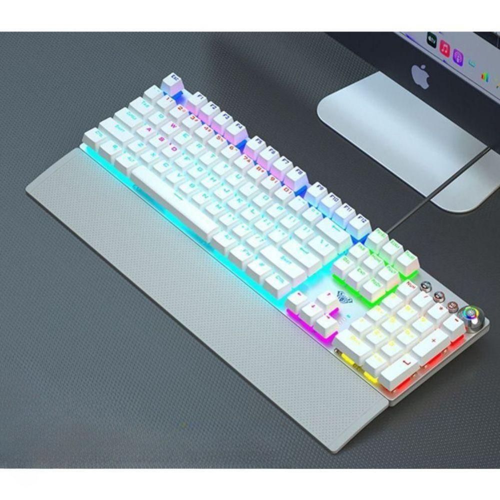 유선 키보드 RGB 풀배열 한글 저소음 게이밍 LED 라이트 퓨어 화이트 혼합 조명 핸드 레스트 녹색 축 - 상품 이미지