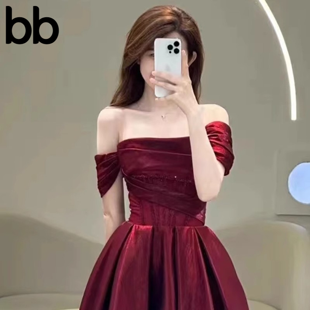 결혼식 2부 드레스 대여 오픈숄더 스몰웨딩 결혼식2부 원피스 촬영 이브닝 벨벳 브라이덜샤워 레드 XS - 상세 이미지 2