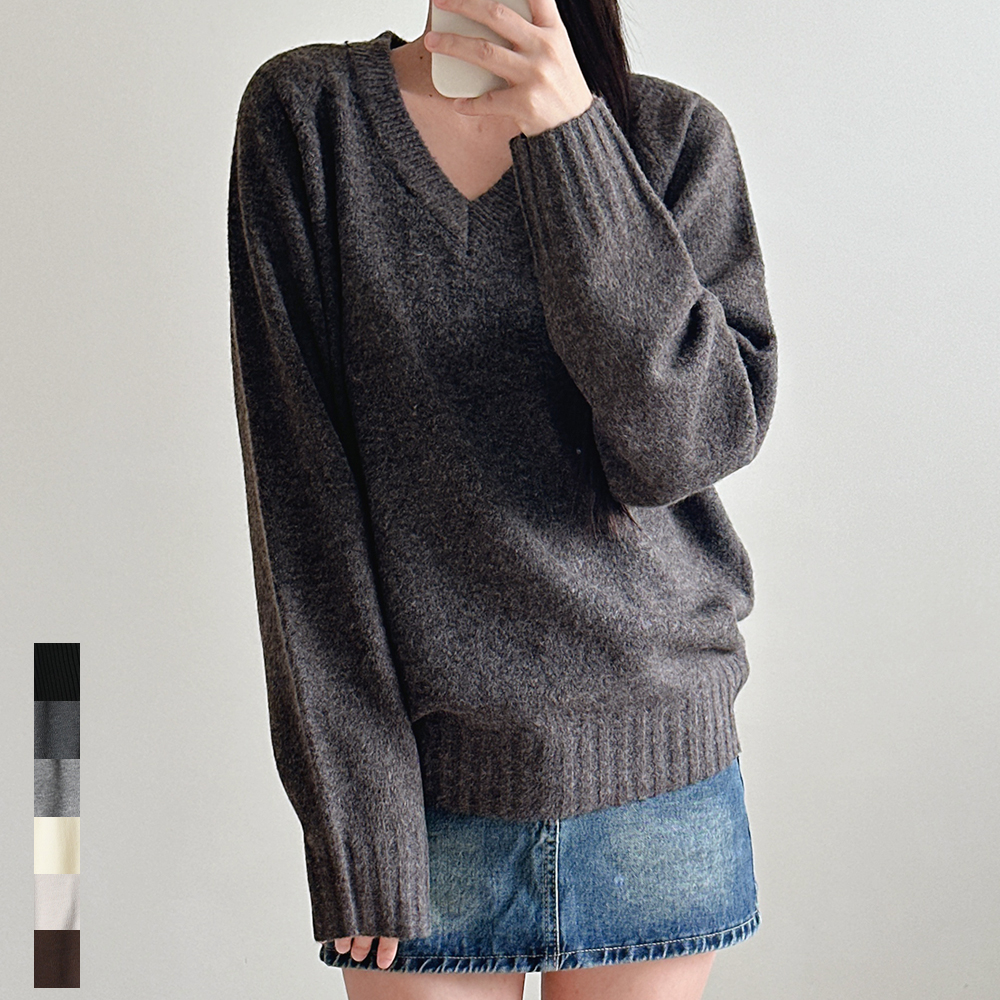 여성 루즈핏 브이넥니트 울 부드러운 가을 겨울 간절기 빅사이즈 블랙 그레이 화이트 브라운 제품 이미지