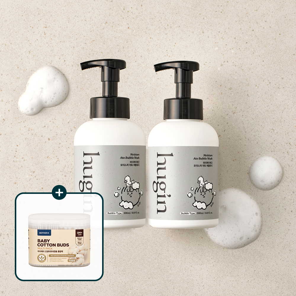 [면봉혼합팩 GIFT] 허긴 대용량 약산성 아기 올인원 모이스처 아토 버블워시 거품형 무향 500ml, 2개