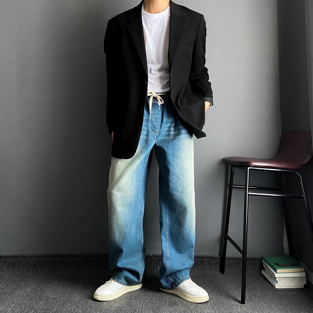 남자 밴딩 청바지 흑청 중청 와이드핏 레귤러핏 데님 덤블워싱 통바지 캐주얼 데일리 바지 이미지 8