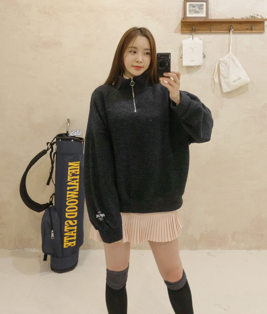 소매레터링 골지 카라 오버핏 반집업 니트 겨울 이미지 4