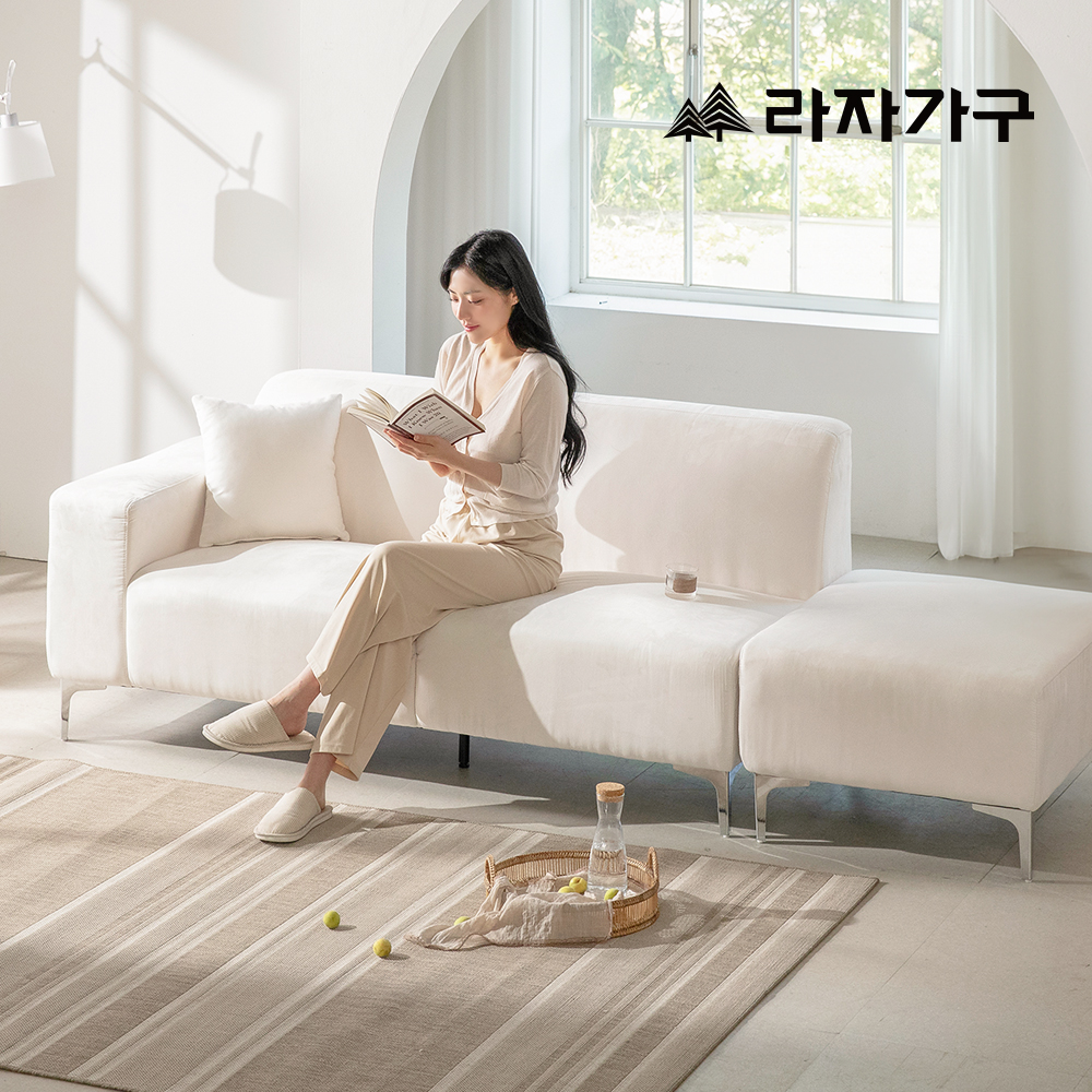 라자가구 멜로우 아쿠아텍스 패브릭 방수 거실 카우치 소파 한쪽팔걸이형 스툴미포함, 좌형_아이보리
