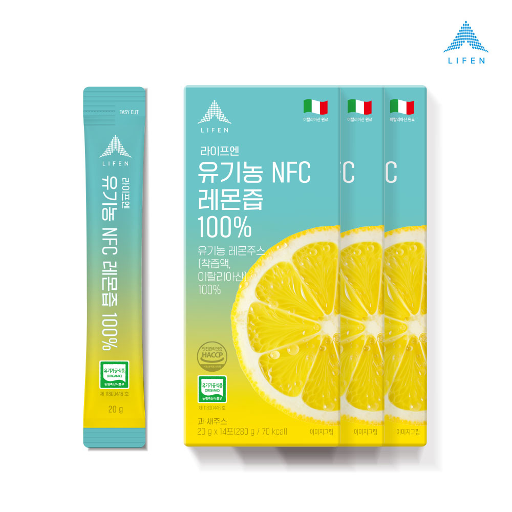 라이프엔 유기농 NFC 착즙 레몬즙 100% 레몬물 효능 20gx14포 14포, 3개 - 상품 이미지