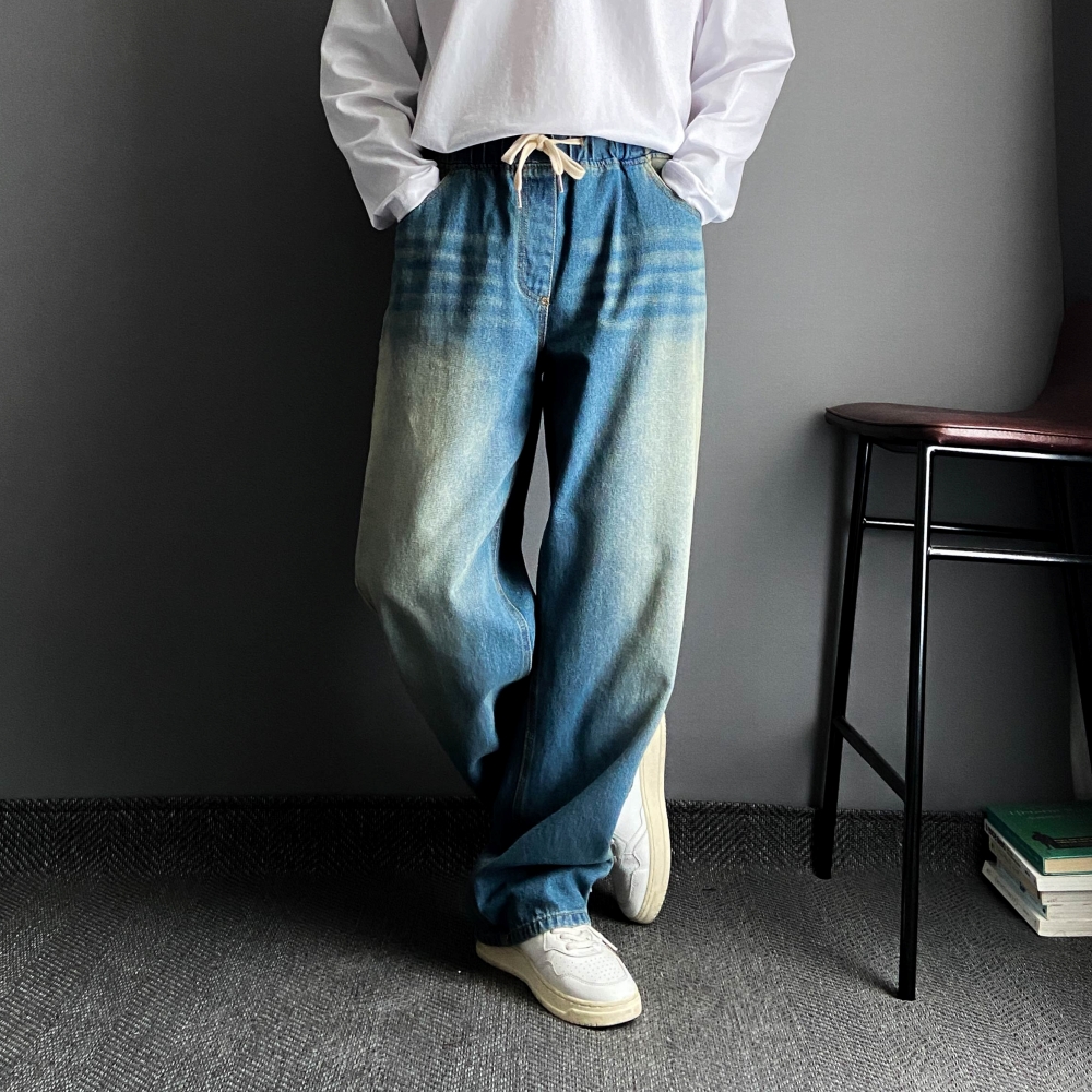 남자 밴딩 청바지 흑청 중청 와이드핏 레귤러핏 데님 덤블워싱 통바지 캐주얼 데일리 바지 - 상세 이미지 5
