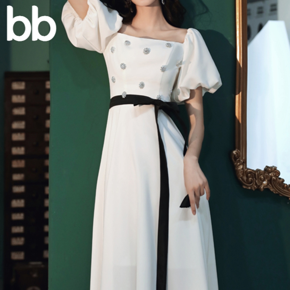 결혼식 2부 드레스 대여 셀프웨딩 실크 원피스 이브닝 돌잔치 연주회 결혼식2부 촬영 퍼프 화이트 미디 XS - 상세 이미지 2