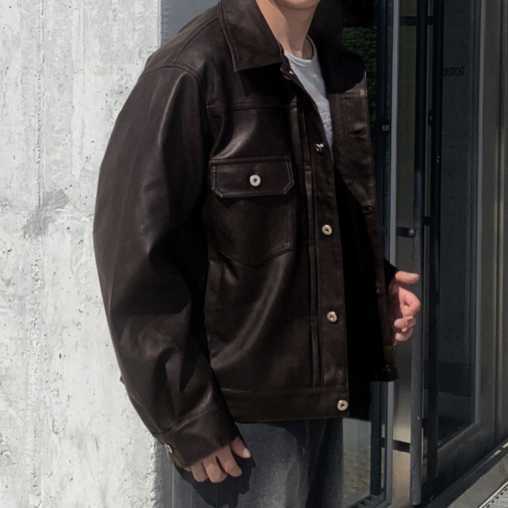 남자 스엔 오버핏 봄 가을 비건 레더 트러커 자켓 - 상세 이미지 4