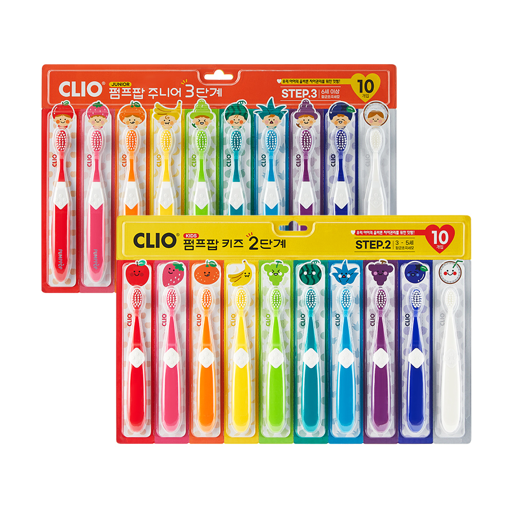 [크리오] 펌프팝 항균 초극세모 어린이 칫솔 2/3단계 10입
