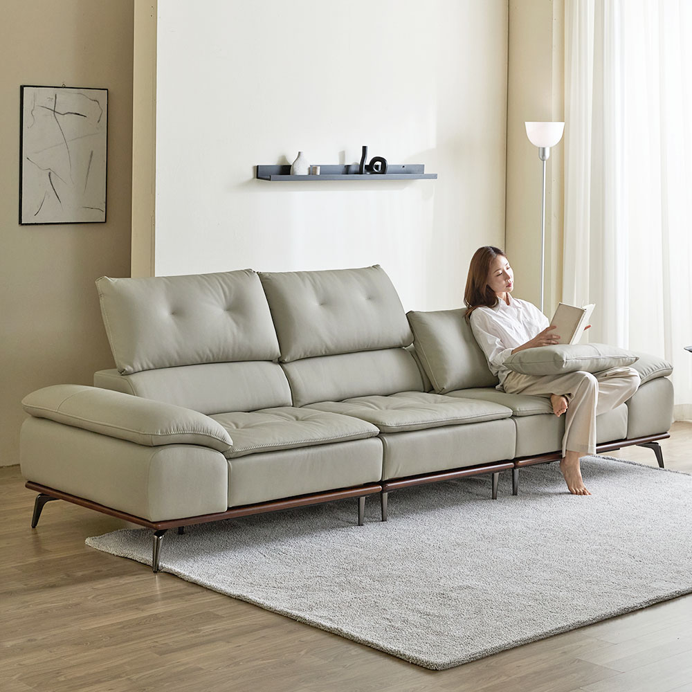 레노아 전동 리클라이너 슬라이딩 천연 가죽 소파 스툴미포함, 라이트그레이, 4인용