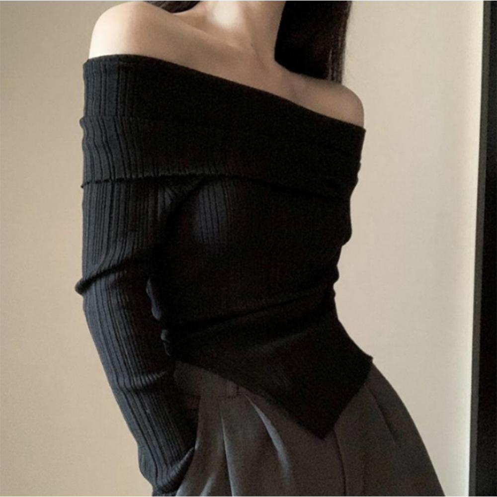 오프숄더 티셔츠 여성 여름 20대 코디 봄 가을 긴팔 티 데이트 룩 여자 데일리 니트 - 상품 이미지
