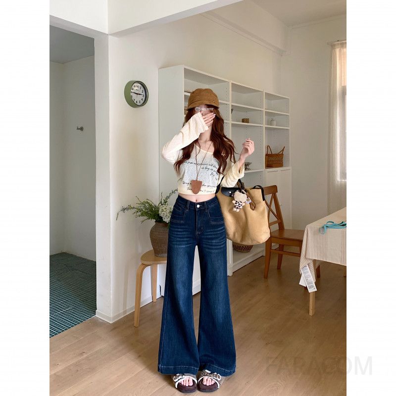 여성용 데님 와이드청바지 스트레이트 핏 포켓 디자인 탄력있는 플레어 팬츠 데일리 룩에 적합한 스타일리시한 - 상세 이미지 4
