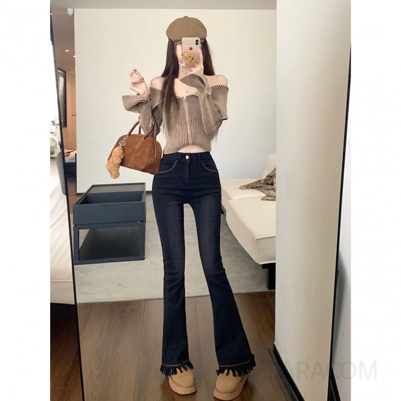 여성 플레어 데님청바지 슬림핏 태슬 포인트 스타일리시한 여름용 캐주얼 팬츠 편안한 착용감 데일리룩 완성 - 상세 이미지 5