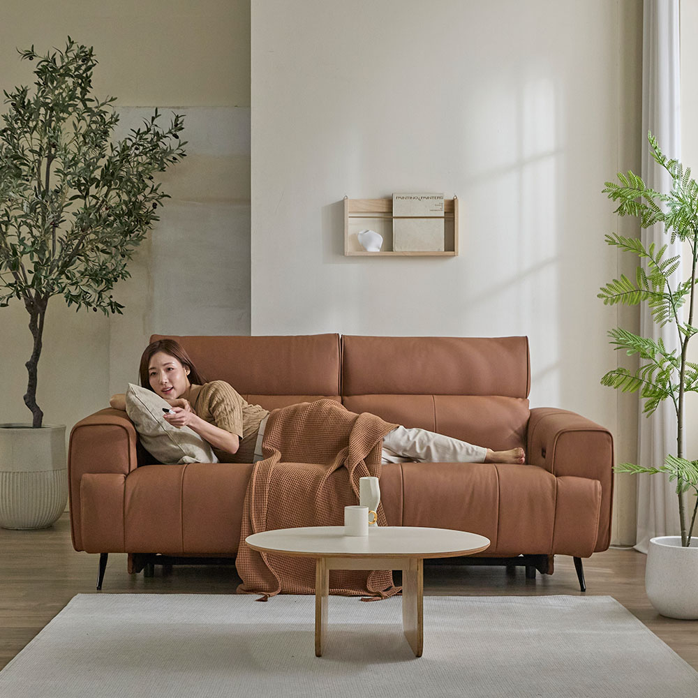 헤르짐머 오브 전동 리클라이너 천연 가죽 소파 스툴미포함, 브라운, 3인용