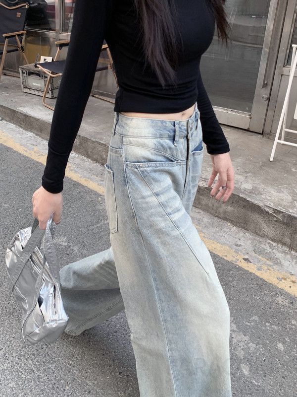 여성용 루즈핏 하이웨스트 와이드 청바지 9부 데님 스타일 가을 패션 슬림한 핏 데일리 룩 편안한 착용감 밝은 색상 디자인 - 상세 이미지 2