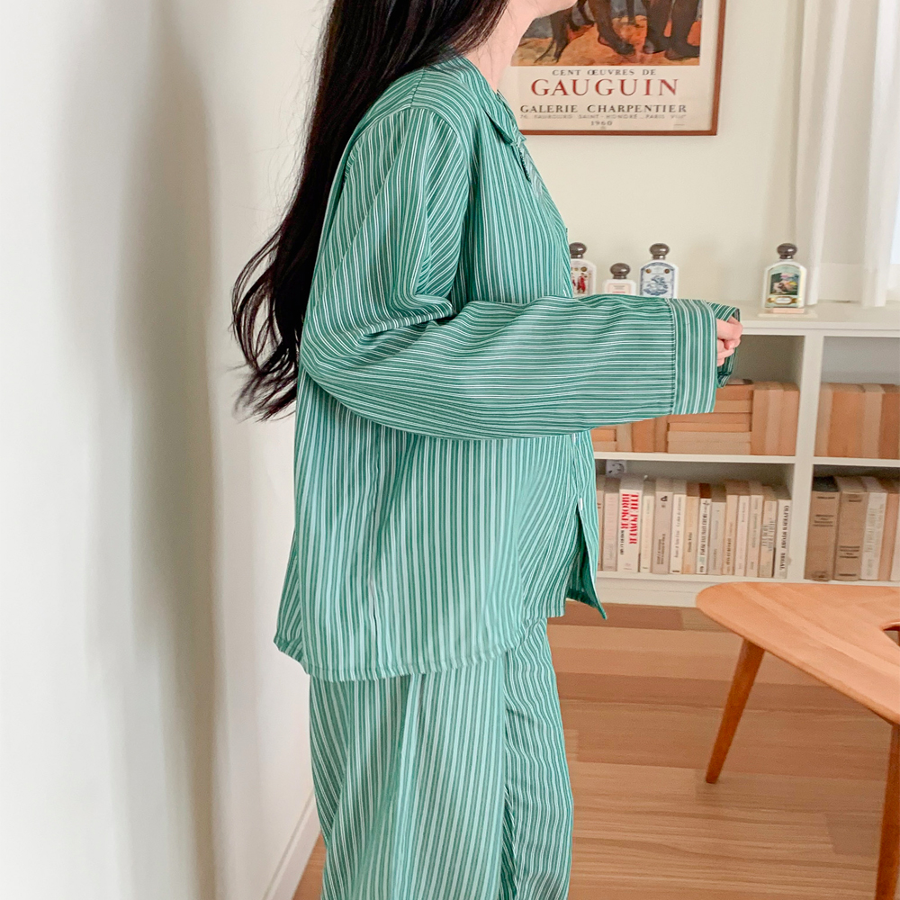 도르모 실크핏 여성 긴팔 파자마 세트 스트라이프 간절기 홈웨어 - 상세 이미지 2