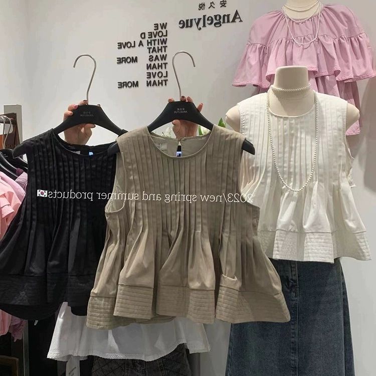 여름 블라우스 플리츠 반팔티 반팔 슬림핏 아이보리 라운드넥 퍼프 프릴 주름옷 셔링 루즈핏 화이트 S - 상세 이미지 5