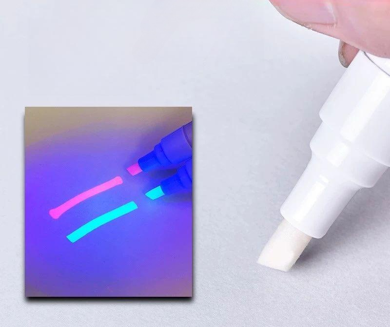 uv 형광펜 보이지않는 자외선에서보이는 하이라이터 파란색 형광 볼펜 비밀 매직펜 자외선펜 화이트 펜 5개 유성블루+UV라이트2개 - 상품 이미지