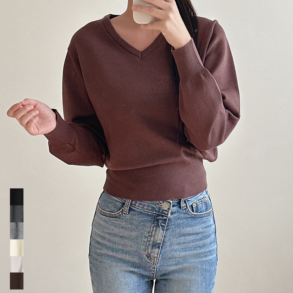 여성 루즈핏 브이넥니트 크롭 부드러운 가을 겨울 간절기 빅사이즈 블랙 그레이 화이트 브라운 - 상품 이미지