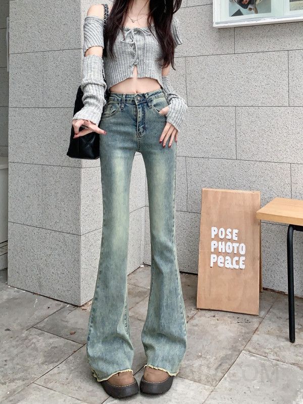 여성용 데님 팬츠 스트레치 슬림 핏 롱 플레어 청바지 봄 여름 착용감 좋은 캐주얼 스타일 데일리룩로우 엣지 디자인 밝은 색상으로 다양한 코디 가능 - 상세 이미지 3
