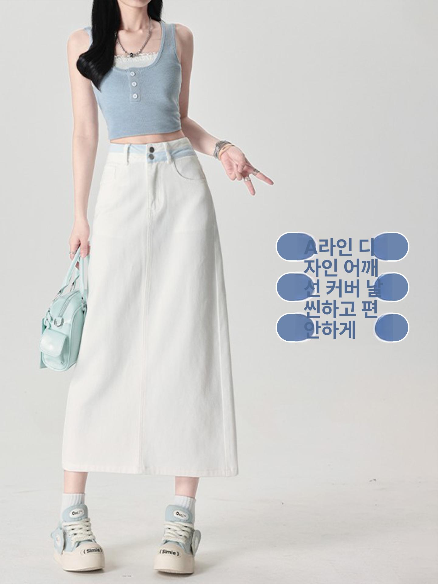 흰롱치마 흰색치마 긴 카키 화이트데님 빅사이즈 벌룬 롱치마 흰치마 청치마 아이보리 오프화이트 XS 37.5~44kg - 상세 이미지 3
