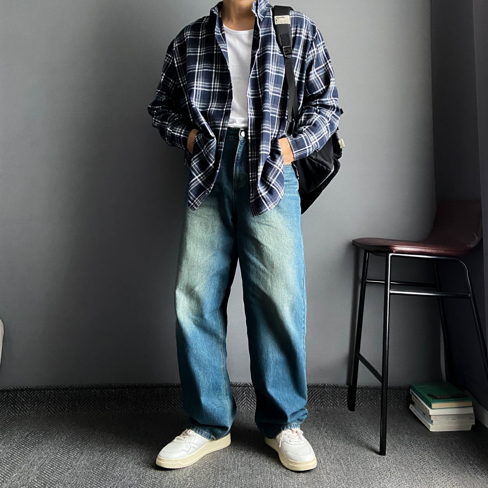 남자 청바지 빈티지 워싱 와이드핏 레귤러 데님팬츠 중청 흑청 세미와이드 - 상세 이미지 4