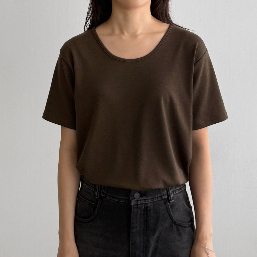 부들부들 모달 코튼 스판 유넥 브이넥 티셔츠 기본 이너 여자 반팔티 여성 티셔츠 - 상품 이미지