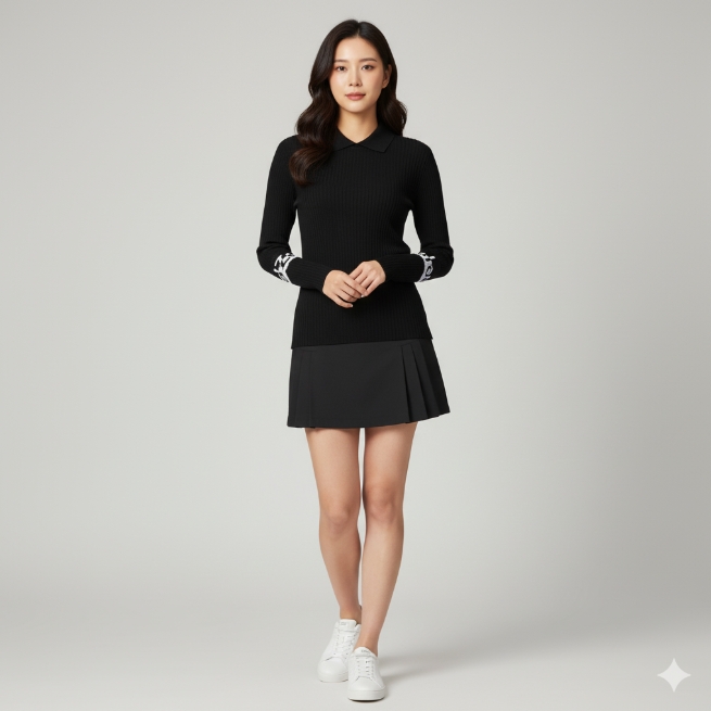 헤지스골프 여성 가을 골지 보온 스판 골프웨어 골프 카라 티셔츠 - 상세 이미지 2