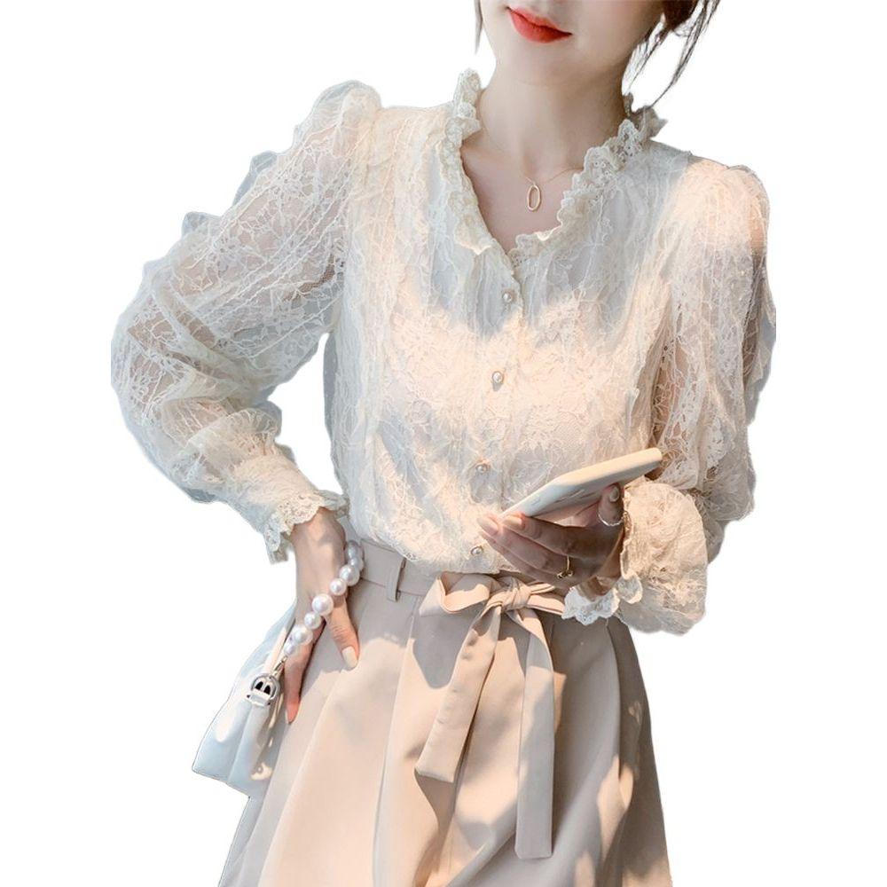 레이스 블라우스 쉬폰 셔츠 긴팔 시스루 셔링 럭셔리 프릴 아이보리 S - 상품 이미지