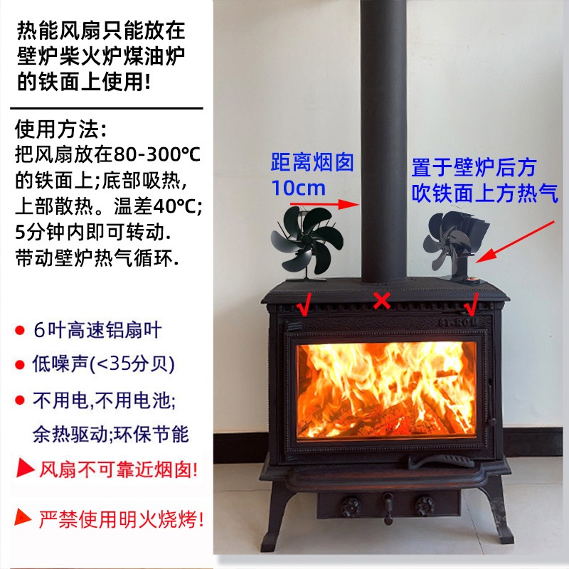 난로 무동력 팬 에코 등유 벽난로 블랙 선풍기 무동력팬 캠핑용 화목 서큘레이터 검은색 부채꼴 6잎 1개 - 상세 이미지 2