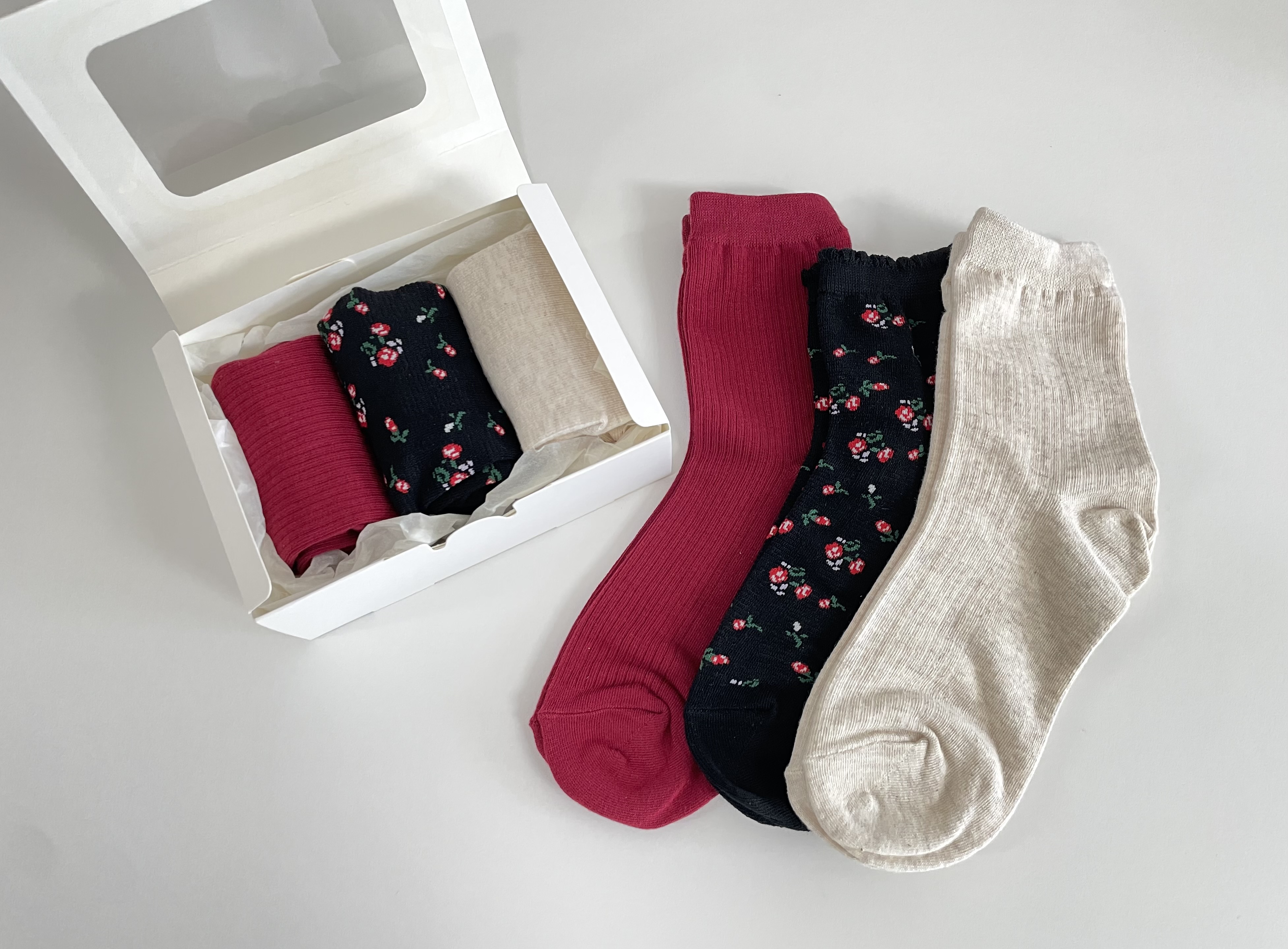 [주문제작 선물포장] 여성 꽃 양말 선물 세트 패션 중목 꽃무늬 선생님 간호사 퇴사선물 단체 01.레드로망스, 1개 - 상품 이미지