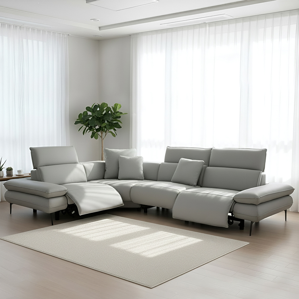 스코나 프라토 실리콘레더 전동 헤드틸팅 리클라이너 소파 스툴미포함, 그레이, 코너형 5인용