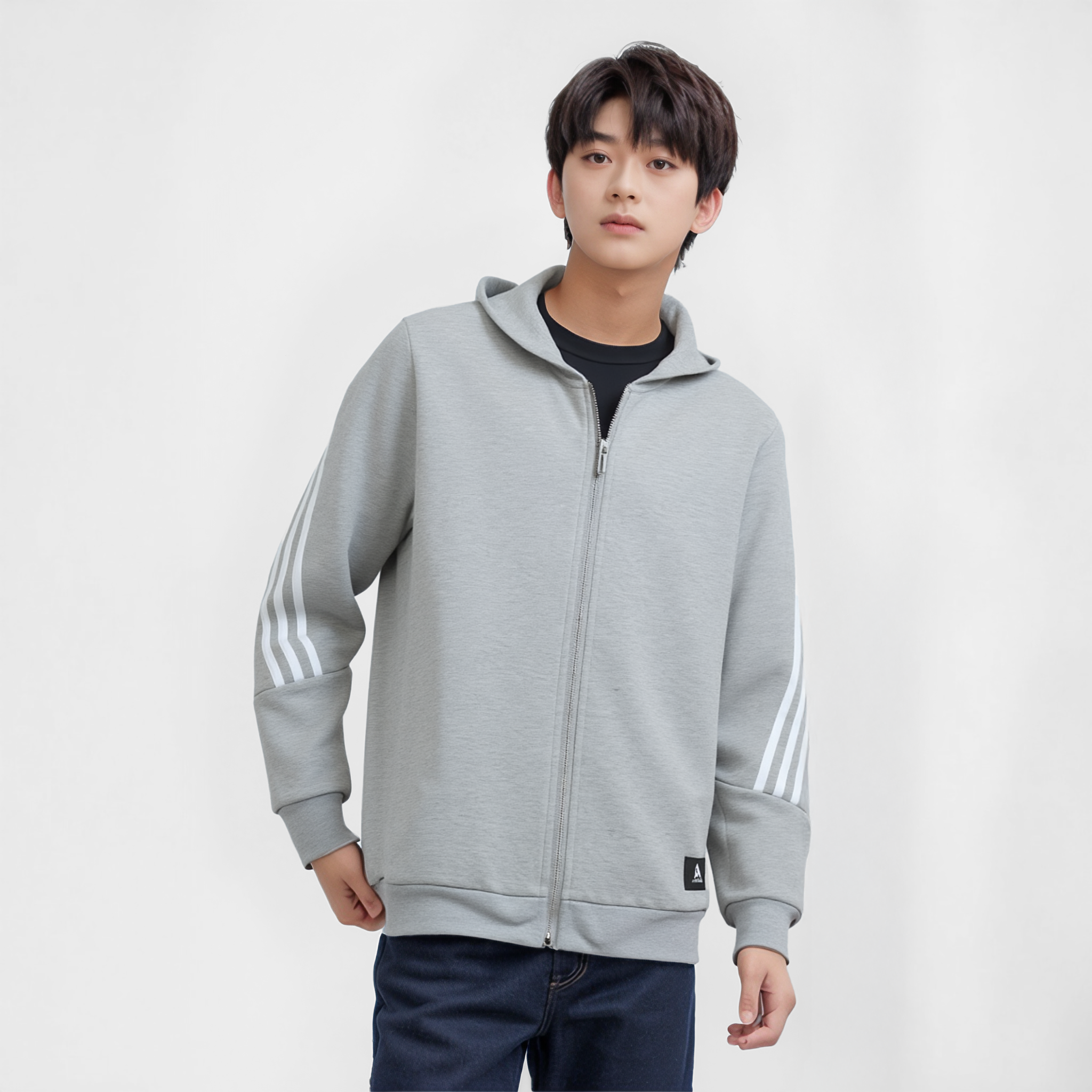 [국내매장판] 아디다스 키즈 후드 집업 어린이 아동 초등학생 주니어 3선 후디 3S 그레이(화이트삼선), 160 이미지 8