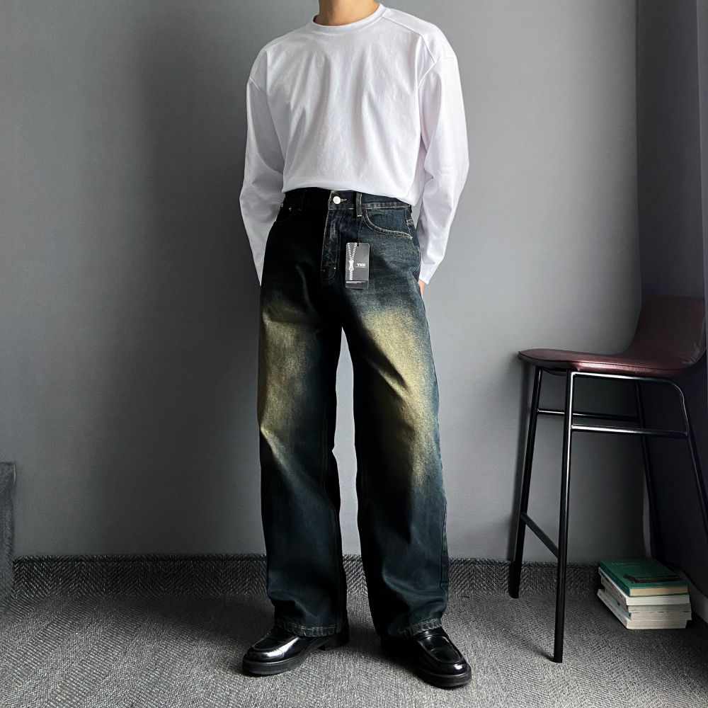 남자 청바지 빈티지 워싱 와이드핏 레귤러 데님팬츠 중청 흑청 세미와이드 - 상세 이미지 5