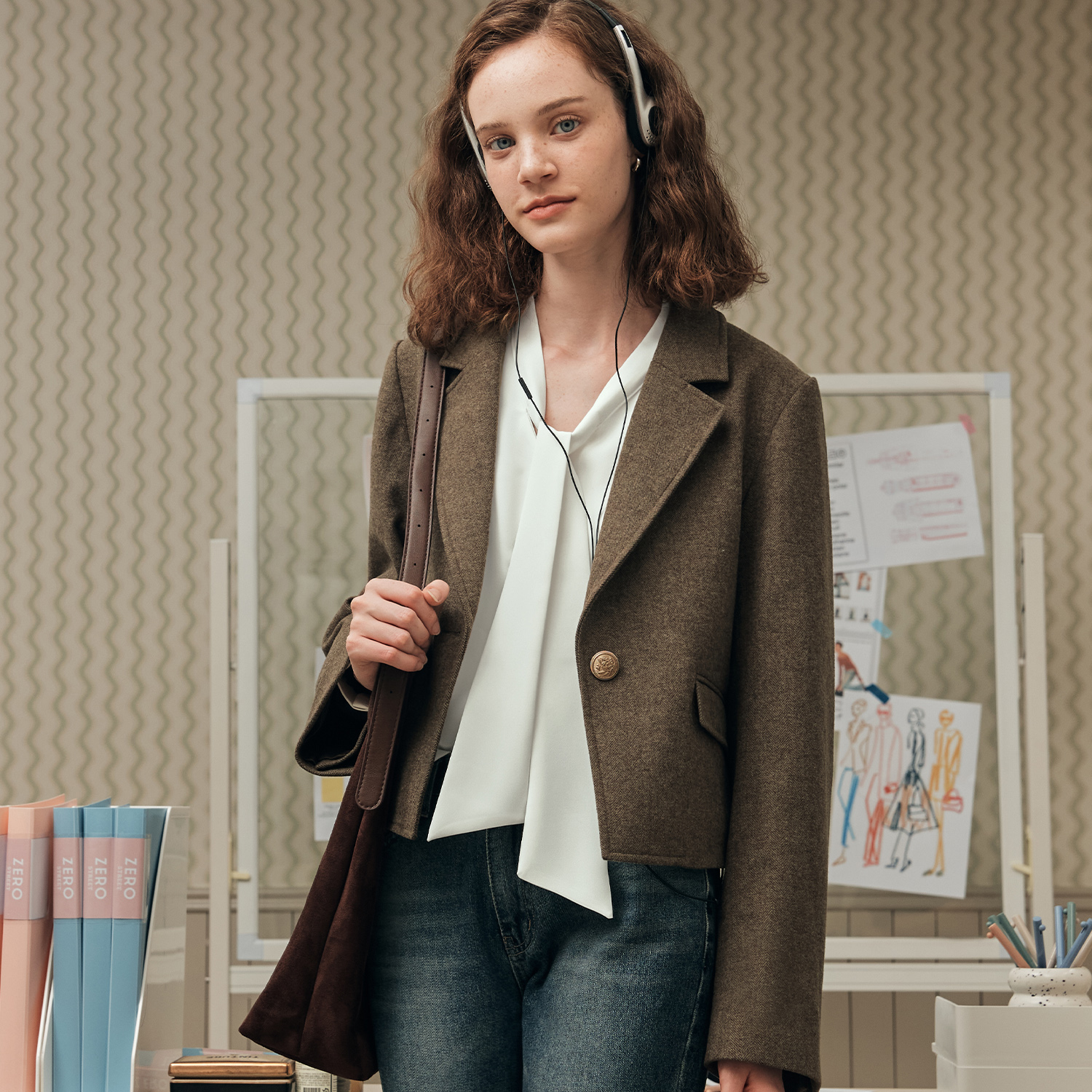 [제로스트릿] 원 버튼 헤링본 자켓 ONE-BUTTON HERRINGBONE JACKET / BROWN - 상품 이미지