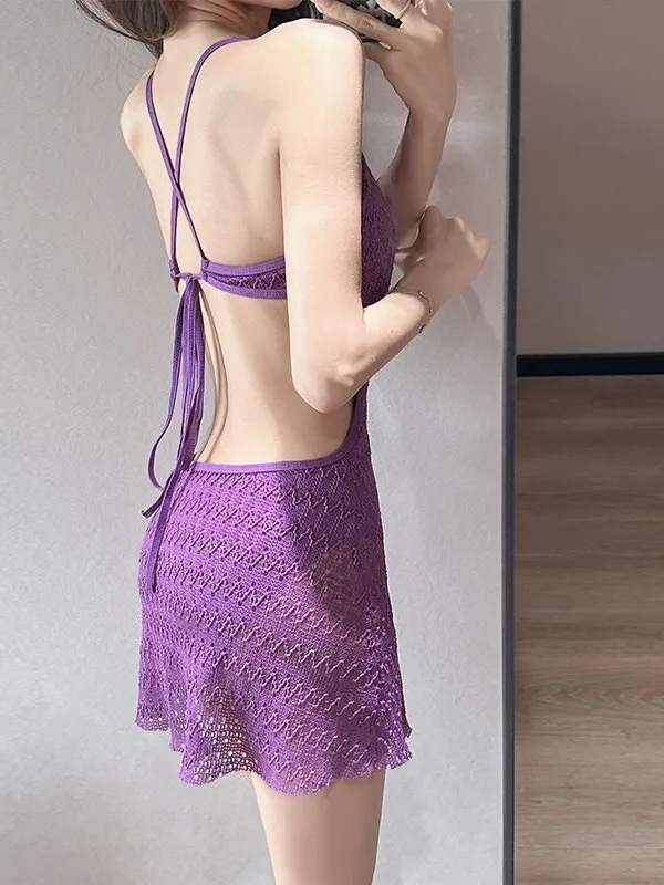 수영복 원피스 홀터넥 뱃살커버 휴양지 바캉스 어깨끈 빅사이즈 해외여행 원피스수영복 퍼플 30130 S - 상세 이미지 5