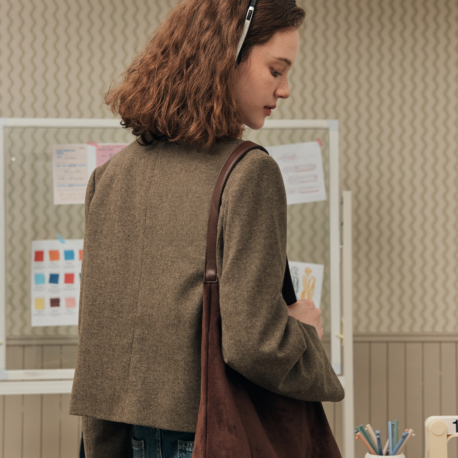[제로스트릿] 원 버튼 헤링본 자켓 ONE-BUTTON HERRINGBONE JACKET / BROWN - 상세 이미지 3