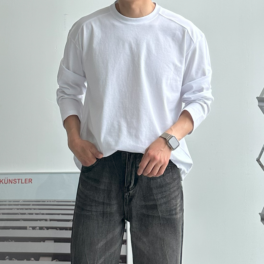 남자 긴팔티 오버핏 무지 흰색 절개 라운드 스판 남자 티셔츠 - 상품 이미지