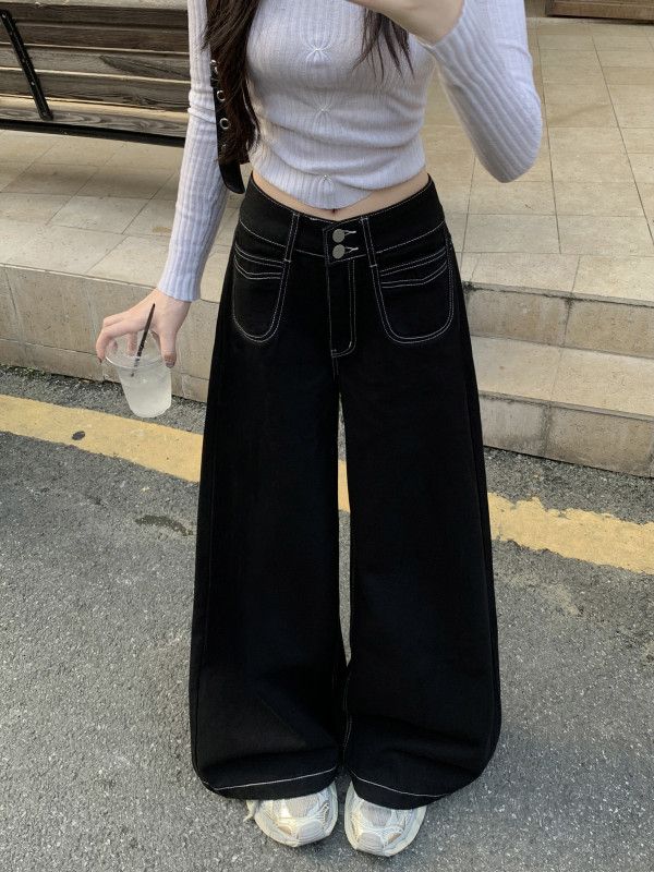 여성 하이웨이스트 스트레이트 와이드 청바지 가을 데님 스타일 포켓 디자인으로 편안한 착용감 데일리룩에 적합한 트렌디한 팬츠 - 상세 이미지 3