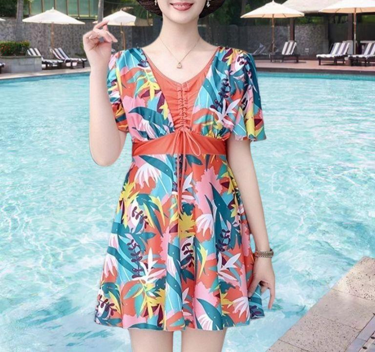 중년수영복 호캉스 온천 중년 체형커버 원피스형 몸매보정 할머니 여성수영복 실내수영복 오렌지 평각 반바지 L 추천 40.0-47.5kg 나와서 - 상품 이미지