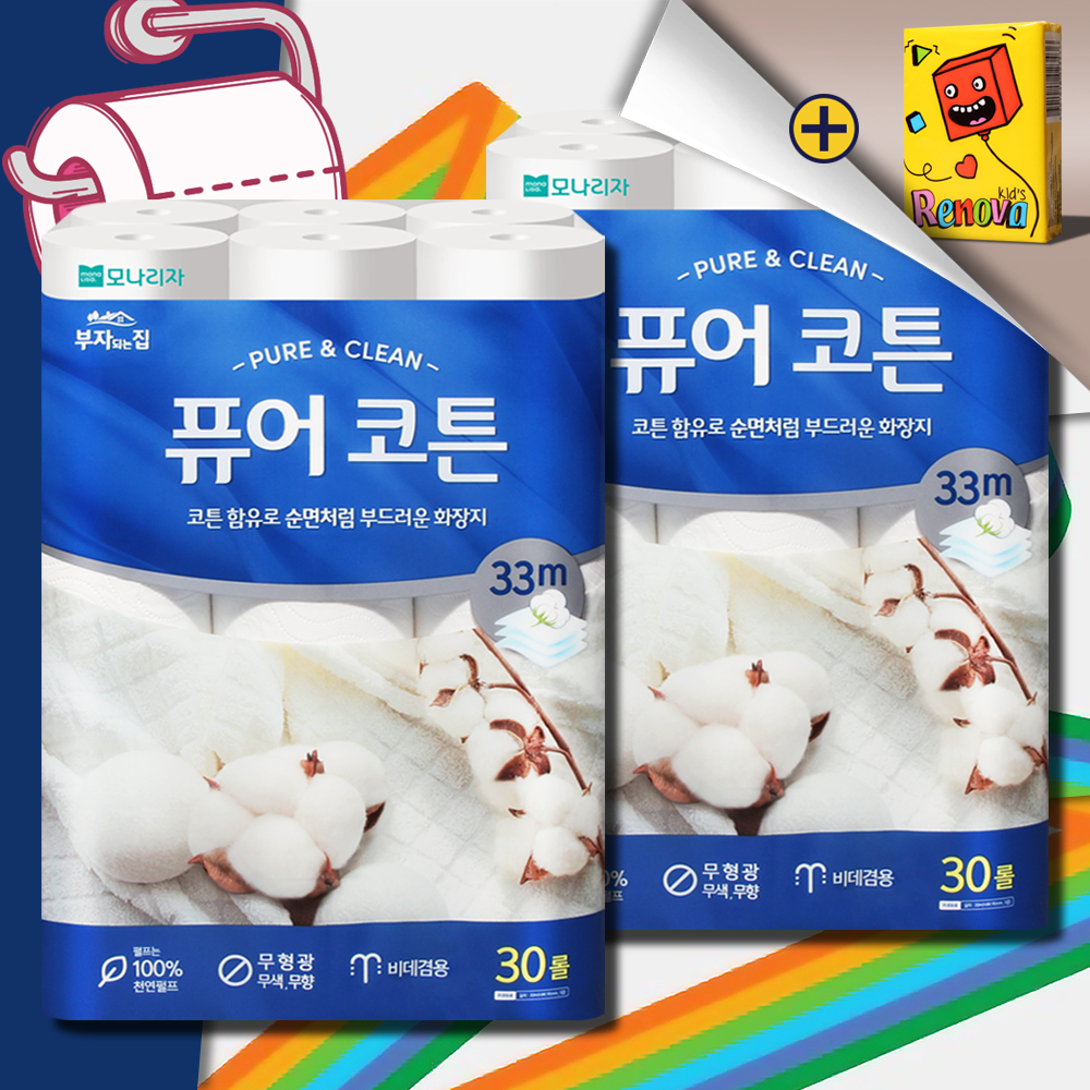 모나리자 부자되는집 퓨어코튼 화장지 3겹 33m 30롤 2팩 두루마리 휴지 물에잘녹는 - 상품 이미지