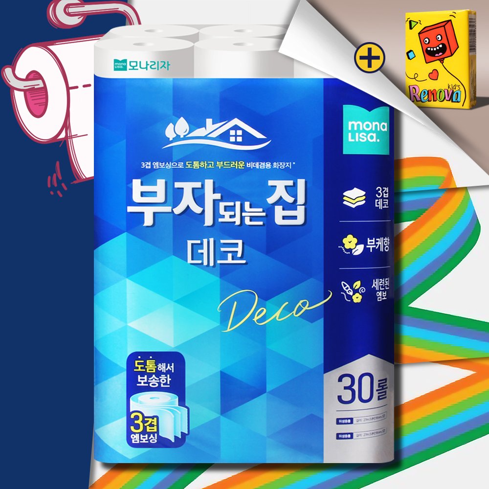모나리자 부자되는집 데코 화장지 3겹 27m 30롤 두루마리 휴지 물에잘녹는 무형광 - 상품 이미지
