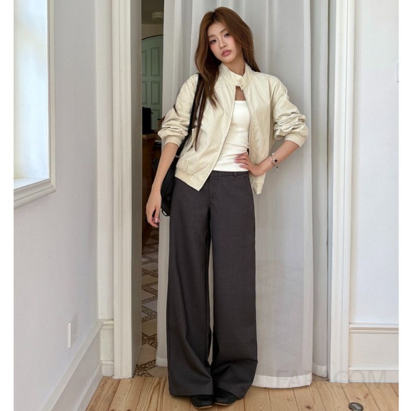 여성 겨울용 다크 그레이 기모 와이드팬츠 캐주얼한 착용감과 스타일을 위한 통바지 드레이프 디자인 편안한 외출용 - 상품 이미지