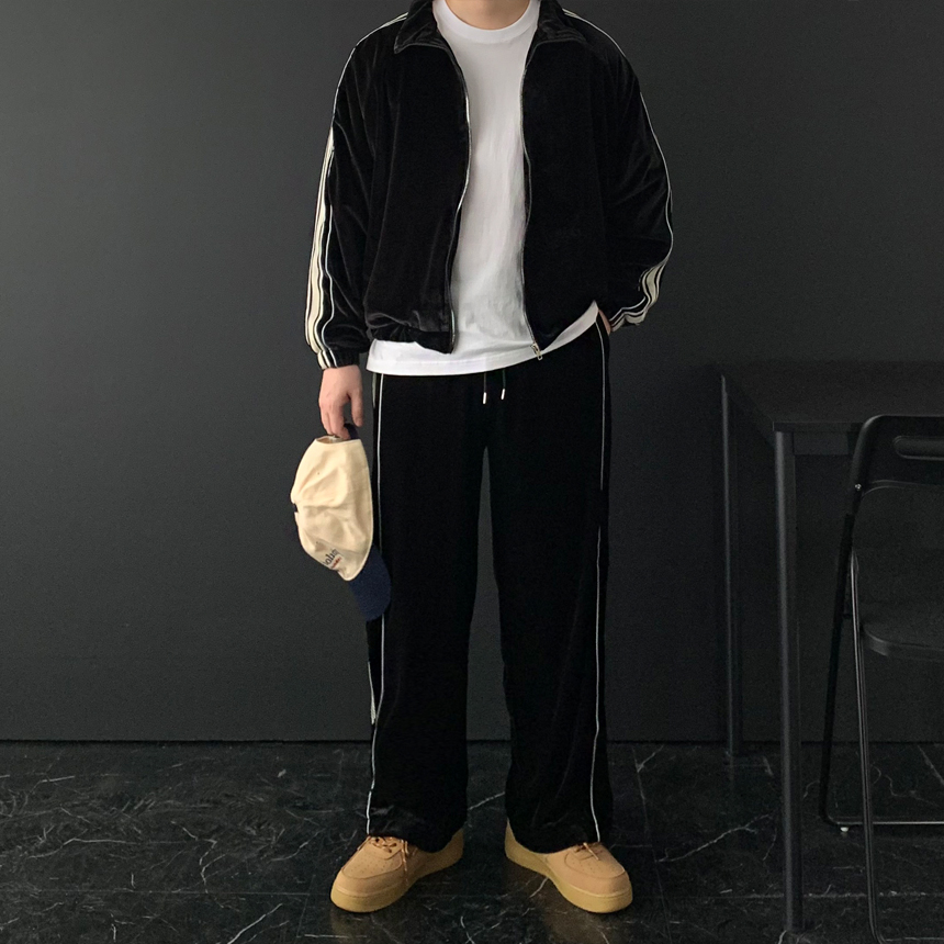 남자 트레이닝복 세트 벨벳 스웻 셋업 루즈핏 집업 세미 와이드 팬츠 봄 가을 추리닝 - 상세 이미지 2