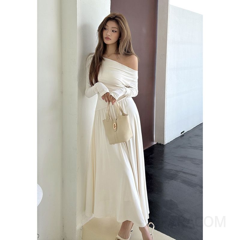 고급스러운 여성용 오프숄더 깊은 V넥 롱 드레스 가을 파티룩 데일리 스타일 레이스업 디테일 매력적이고 세련된 연말 모임이나 특별한 날에 딱인 원피스 - 상세 이미지 3