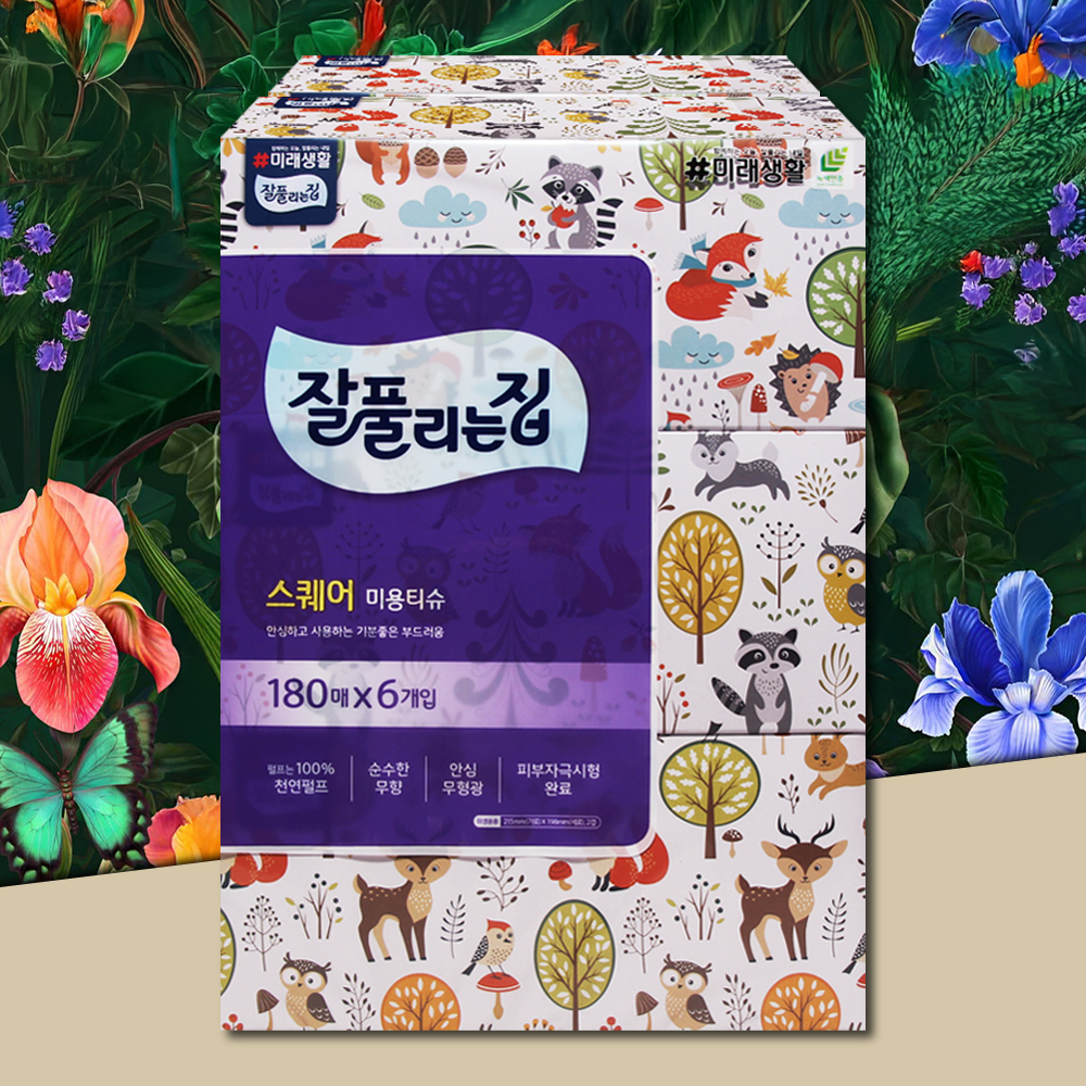 잘풀리는집 스퀘어 각티슈 미용티슈 180매 6개 곽티슈 곽휴지 사각티슈