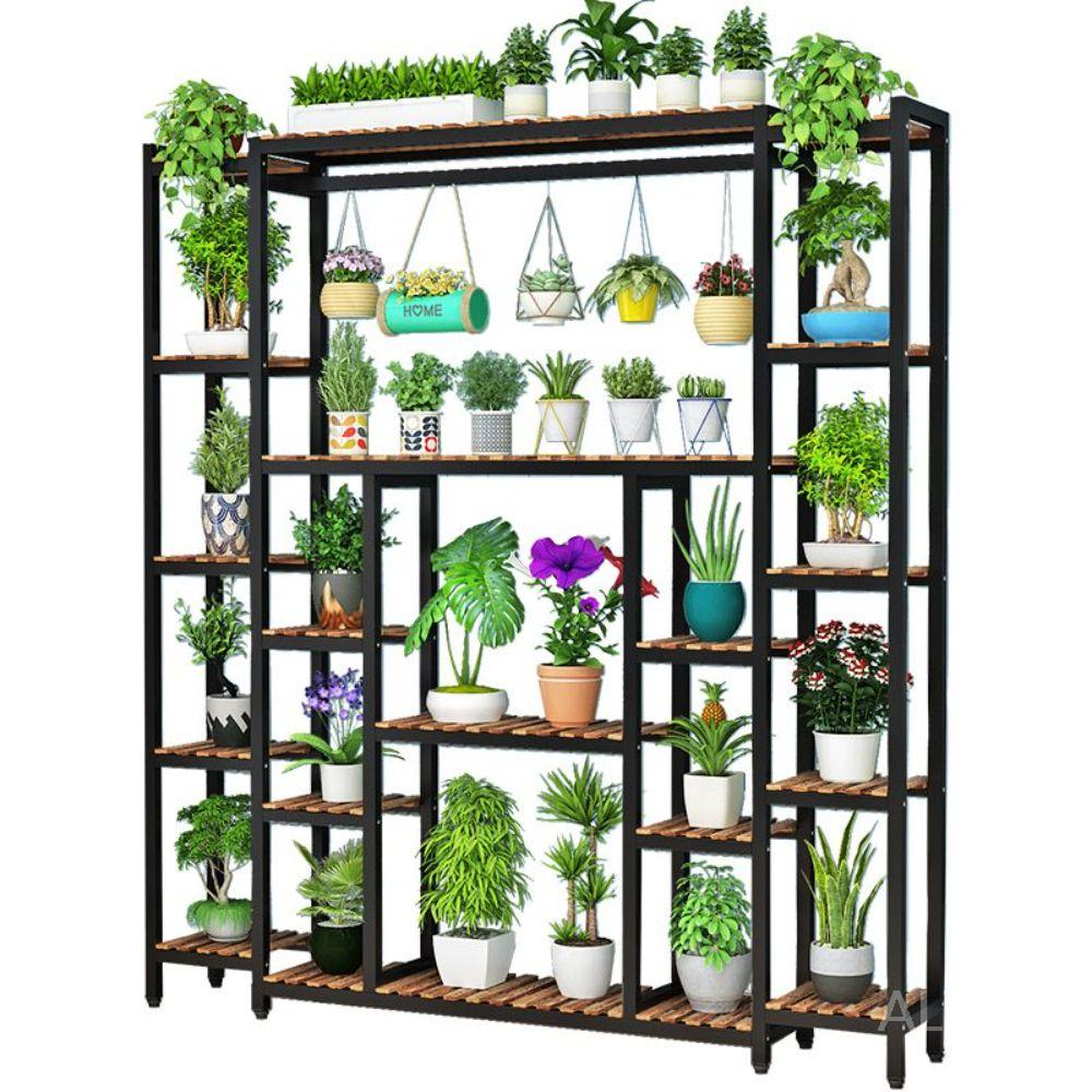 화분 진열대 받침대 선반 철제 정리대 베란다 인테리어 화이트 원목 120x30x140cm - 상품 이미지