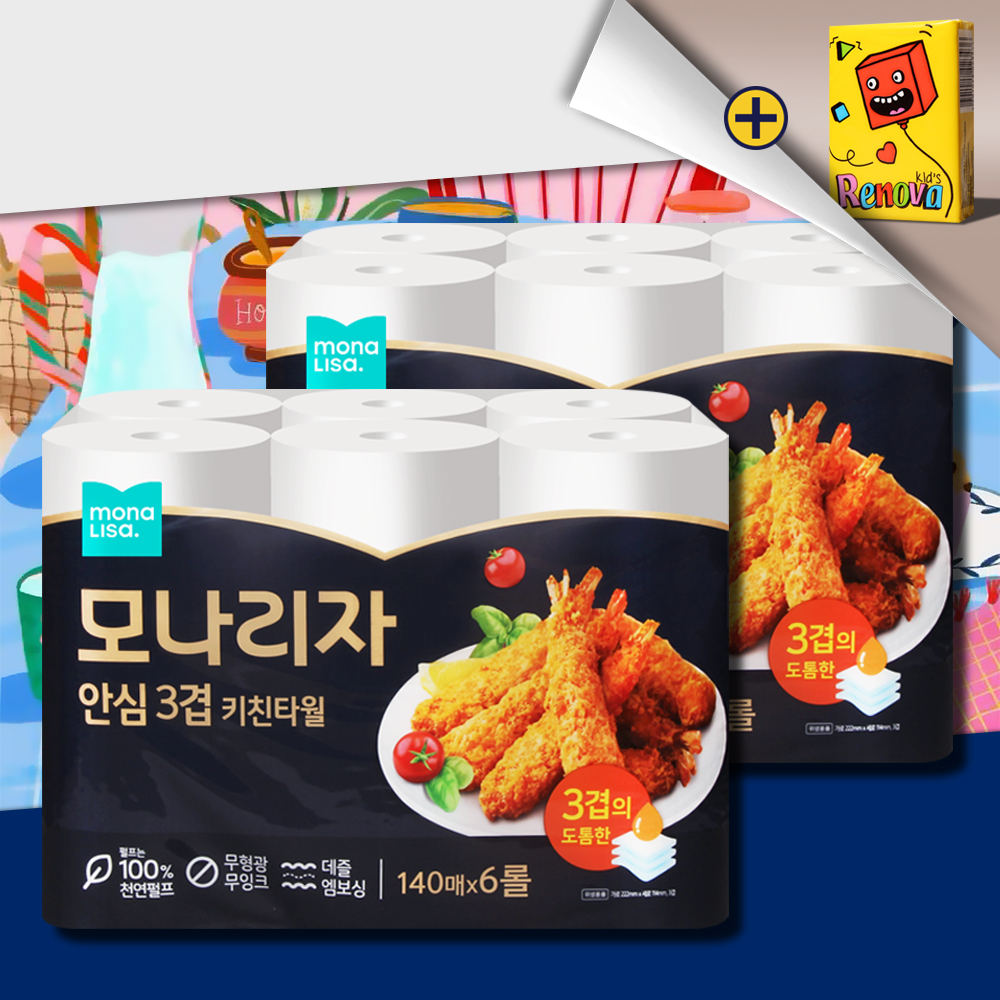모나리자 안심3겹 키친타올 140매 6롤 2팩 천연펄프 주방 키친타월 - 메인 이미지