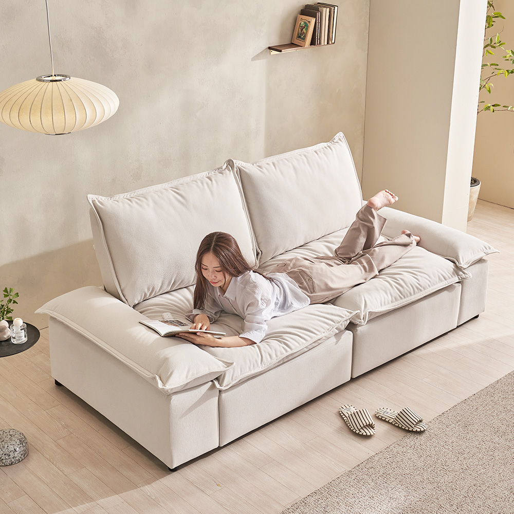 장인가구 하온 전동 슬라이드 리클라이너 슬라이딩 플랫 모션 소파 베드 스툴미포함, 아이보리, 3인용