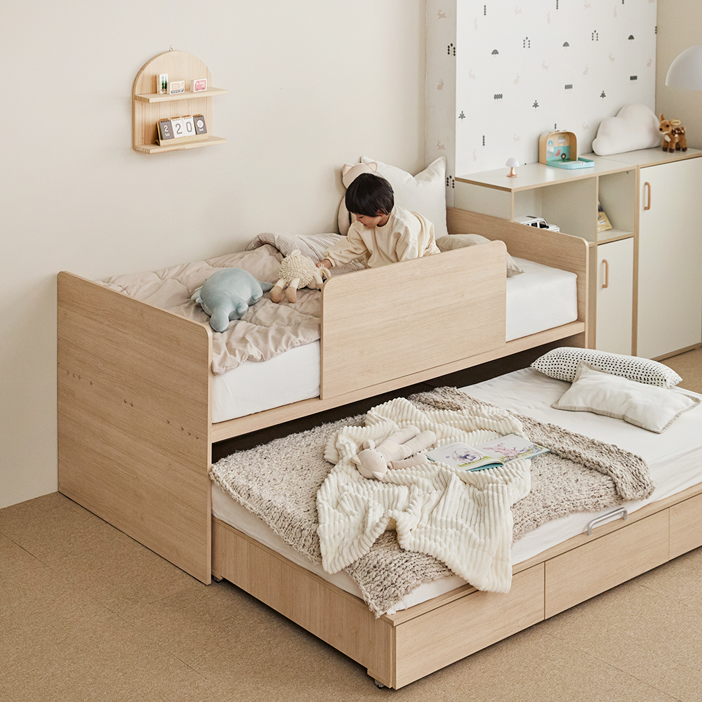 피터 E0등급 슬라이딩 낮은 저상형 2층침대 싱글 침대 프레임+3단서랍+우드가드