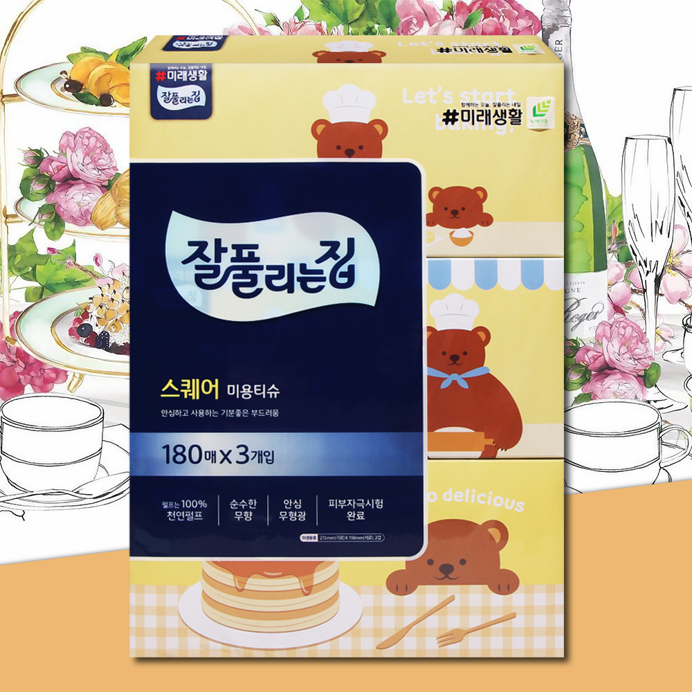 잘풀리는집 스퀘어 각티슈 미용티슈 180매 3개 곽휴지 곽티슈 사각티슈
